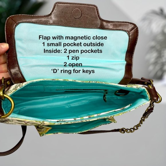 Gigi Hill Medium Green Brown White Floral 2 pocket Hand Shoulder Purse - Picture 6 of 12